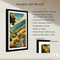 Framed Carmel Valley California art print with scenic landscape and product details, wall decor