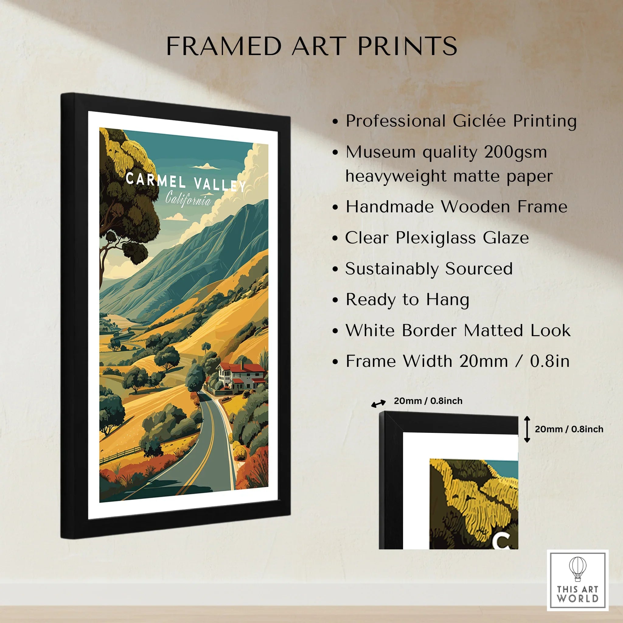 Framed Carmel Valley California art print with scenic landscape and product details, wall decor