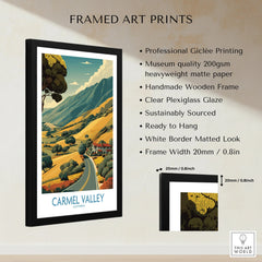 Framed Carmel Valley travel poster print with black wooden frame, matte paper, and product details.