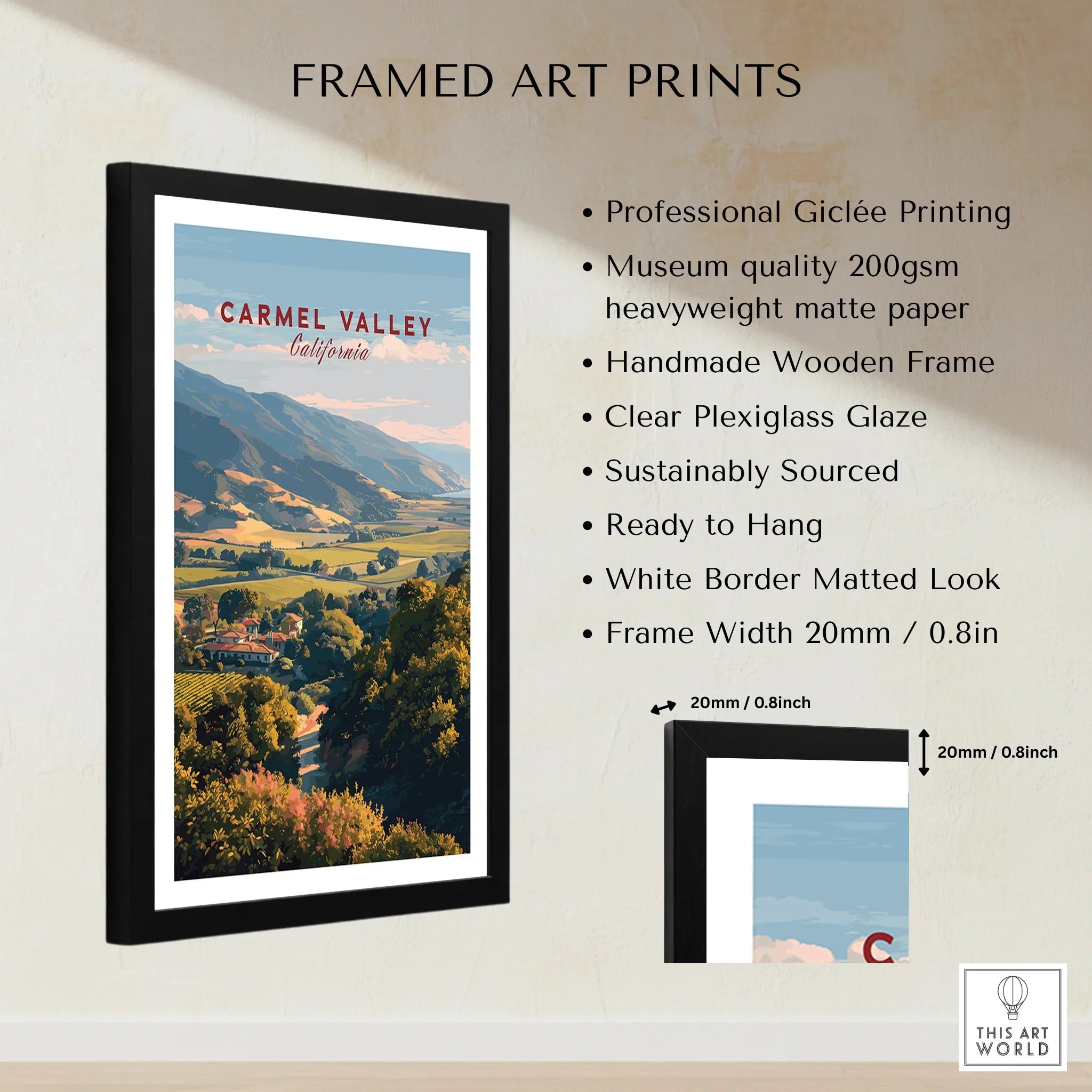 Framed art print of Carmel Valley California landscape with product quality details listed