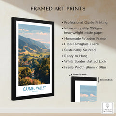 Framed Carmel Valley California art print with measurements, black frame, and product details