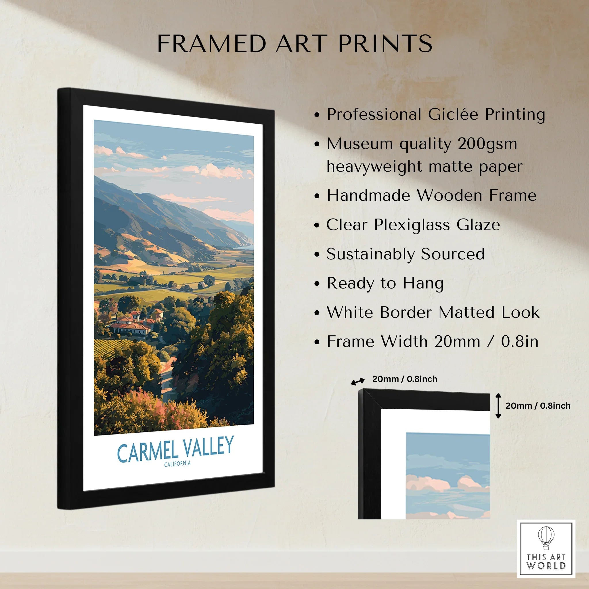 Framed Carmel Valley California art print with measurements, black frame, and product details