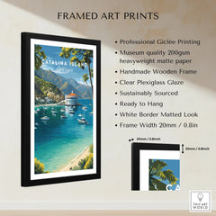 Framed Catalina Island travel poster wall art with black wooden frame, blue ocean, boats, and mountains.