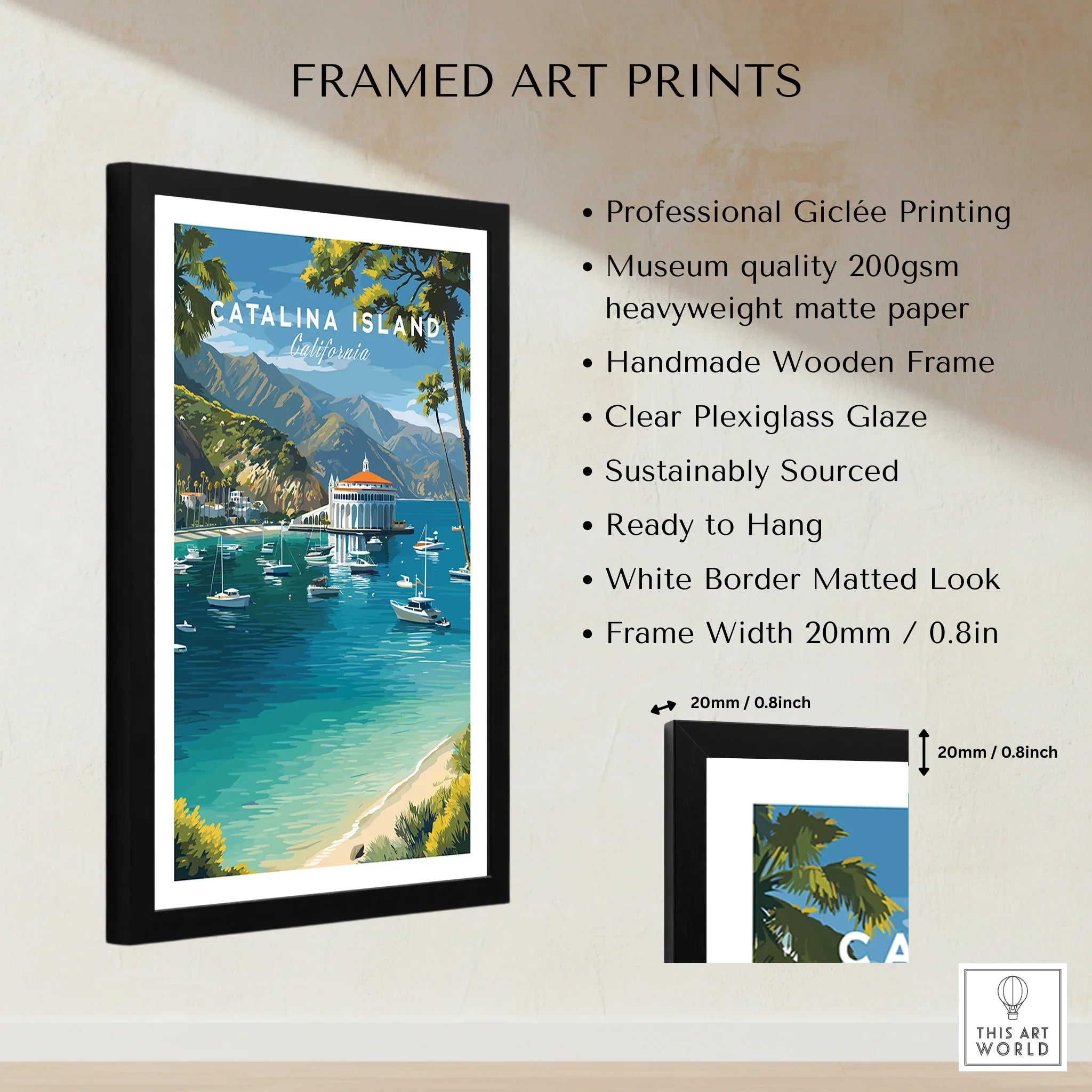 Framed Catalina Island travel poster wall art with black wooden frame, blue ocean, boats, and mountains.