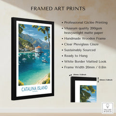 Framed Catalina Island art print with boats, mountains, and matted white border, wall decor.