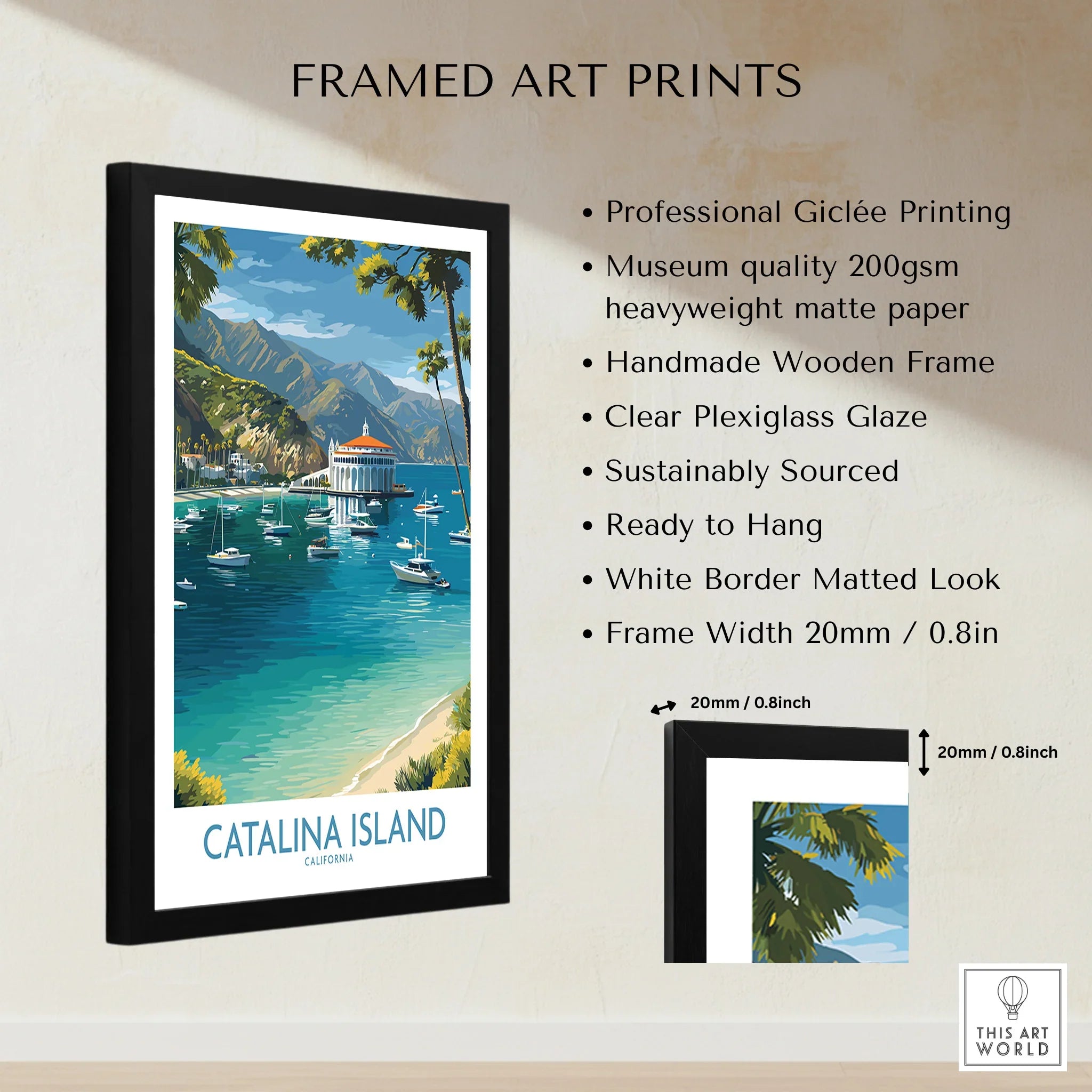 Framed Catalina Island art print with boats, mountains, and matted white border, wall decor.
