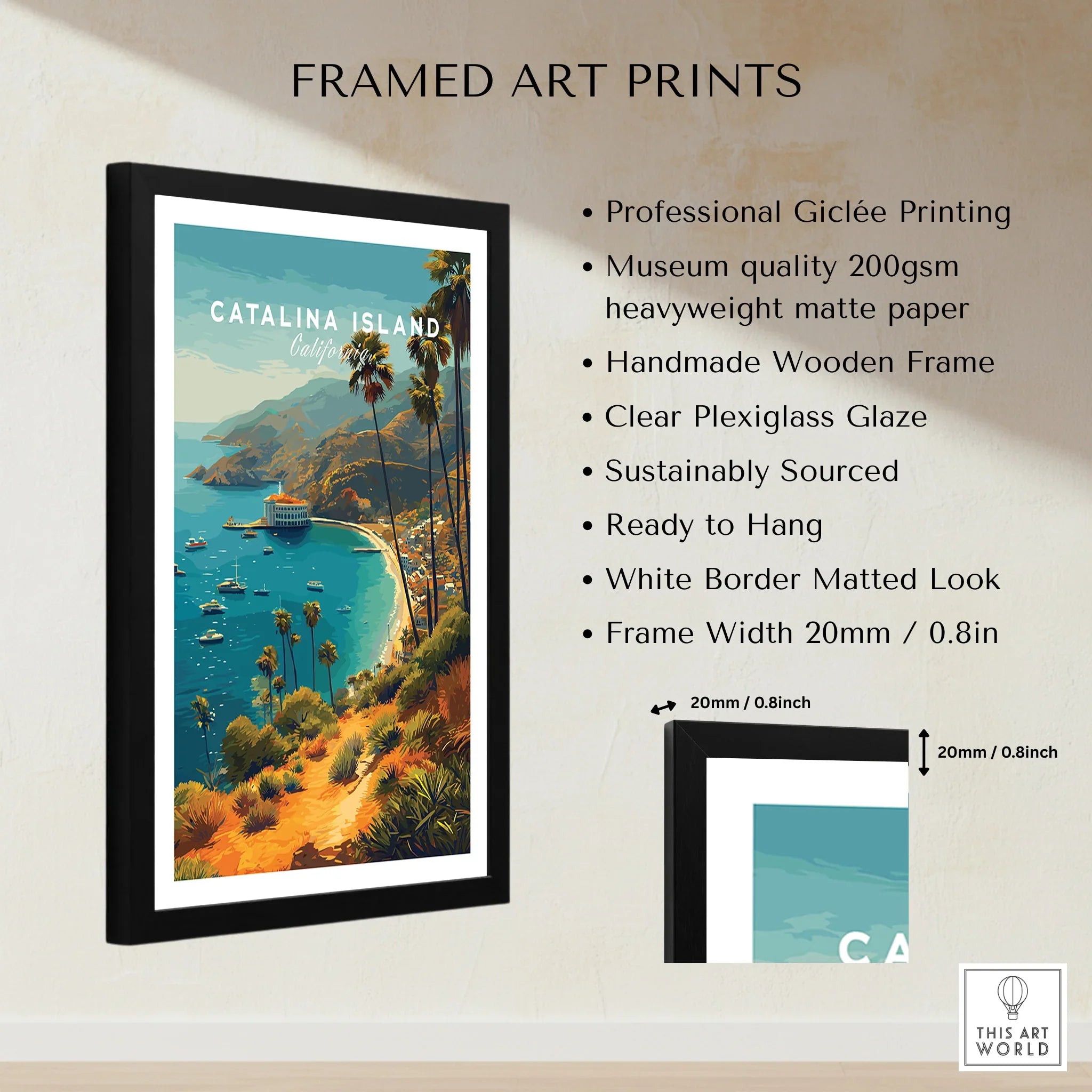 Framed Catalina Island wall art print with palm trees and boats, shown with quality details.