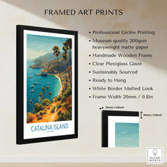 Framed Catalina Island art print with palm trees, blue coastline, and product details