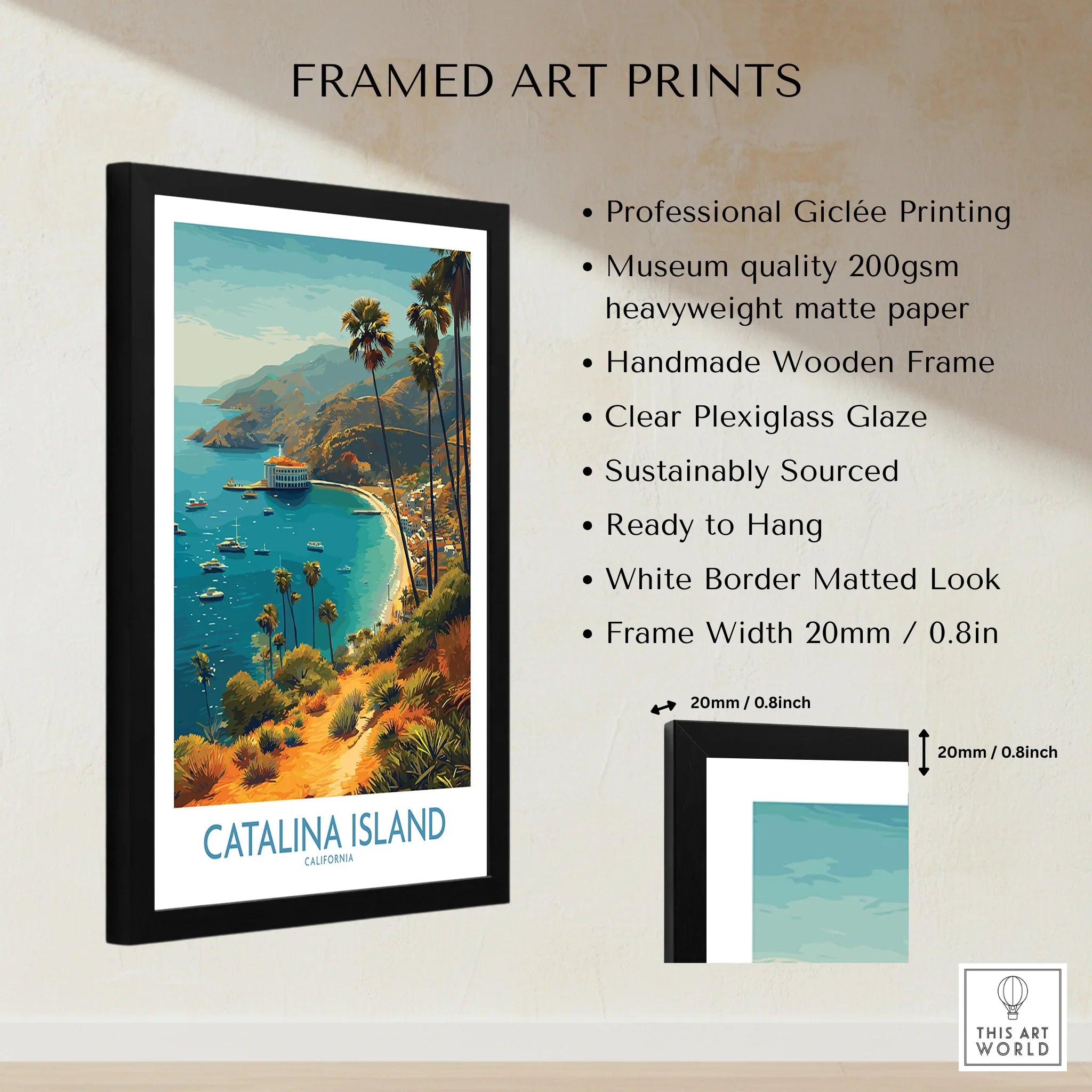 Framed Catalina Island art print with palm trees, blue coastline, and product details