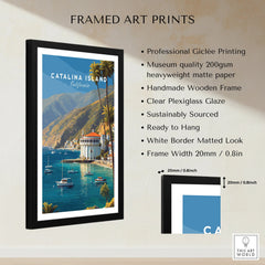 Framed Catalina Island art print with scenic coastal view, wooden frame, and size details