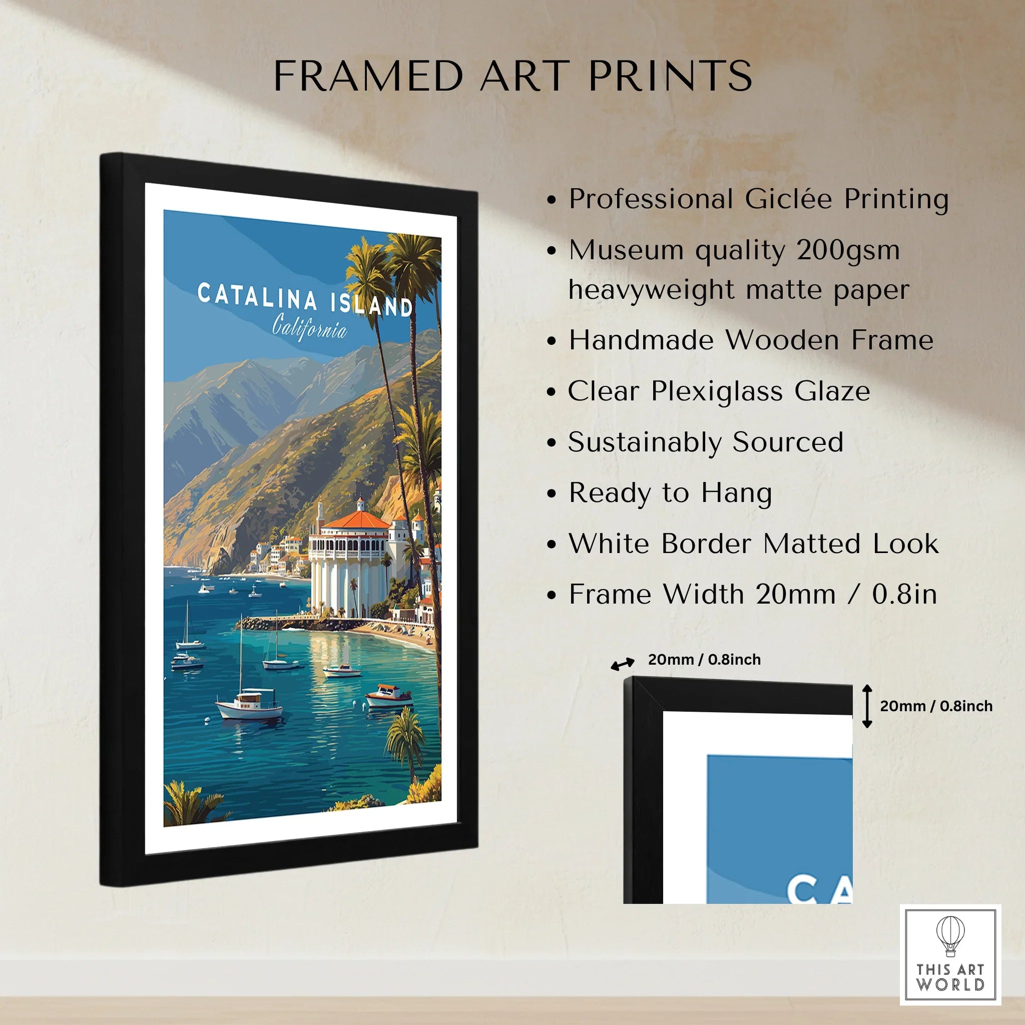 Framed Catalina Island art print with scenic coastal view, wooden frame, and size details