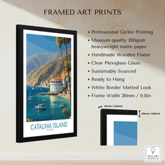 Framed Catalina Island travel art print with ocean, boats, and mountain landscape details.