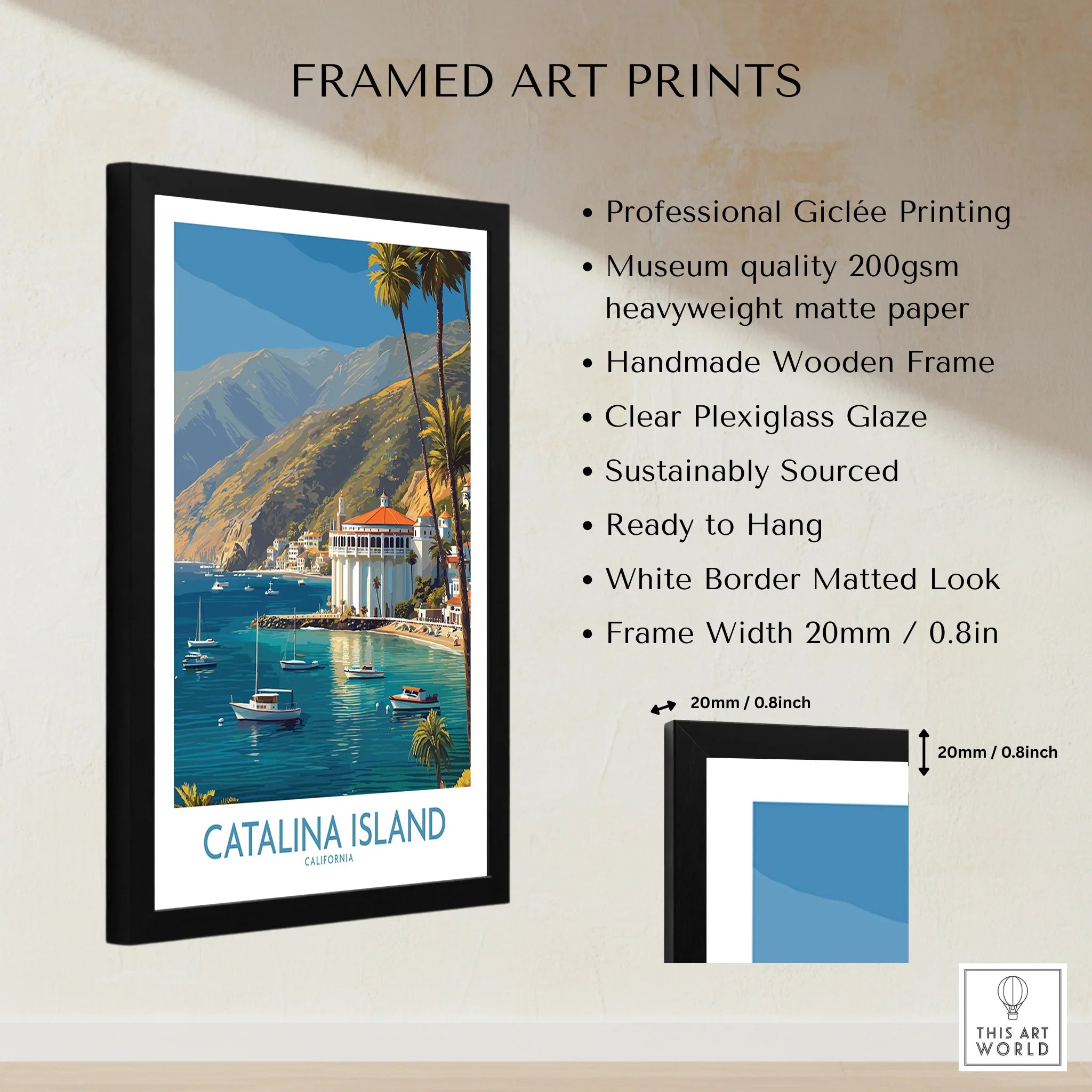 Framed Catalina Island travel art print with ocean, boats, and mountain landscape details.