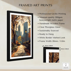 Framed Central Park art print with wooden frame, white border, and detailed product features.