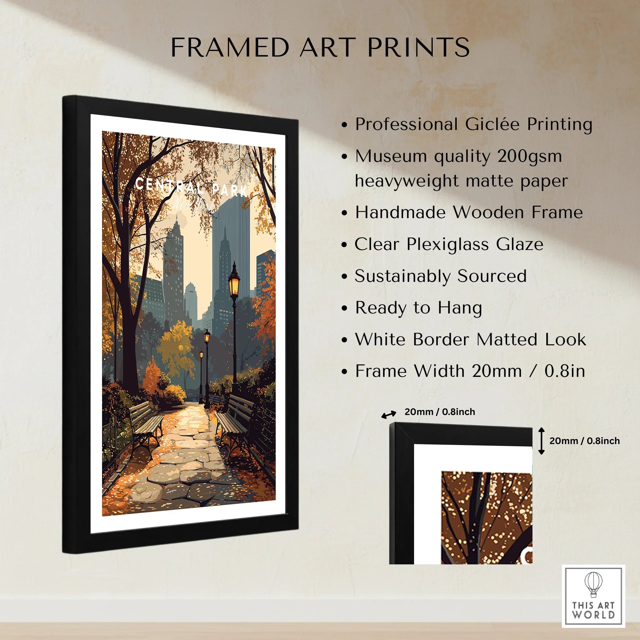 Framed Central Park art print with wooden frame, white border, and detailed product features.