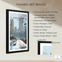 Framed Central Park New York art print with snowy winter scene and product details