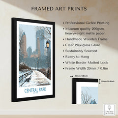 Framed Central Park art print with snowy landscape, city skyline, and print quality features.