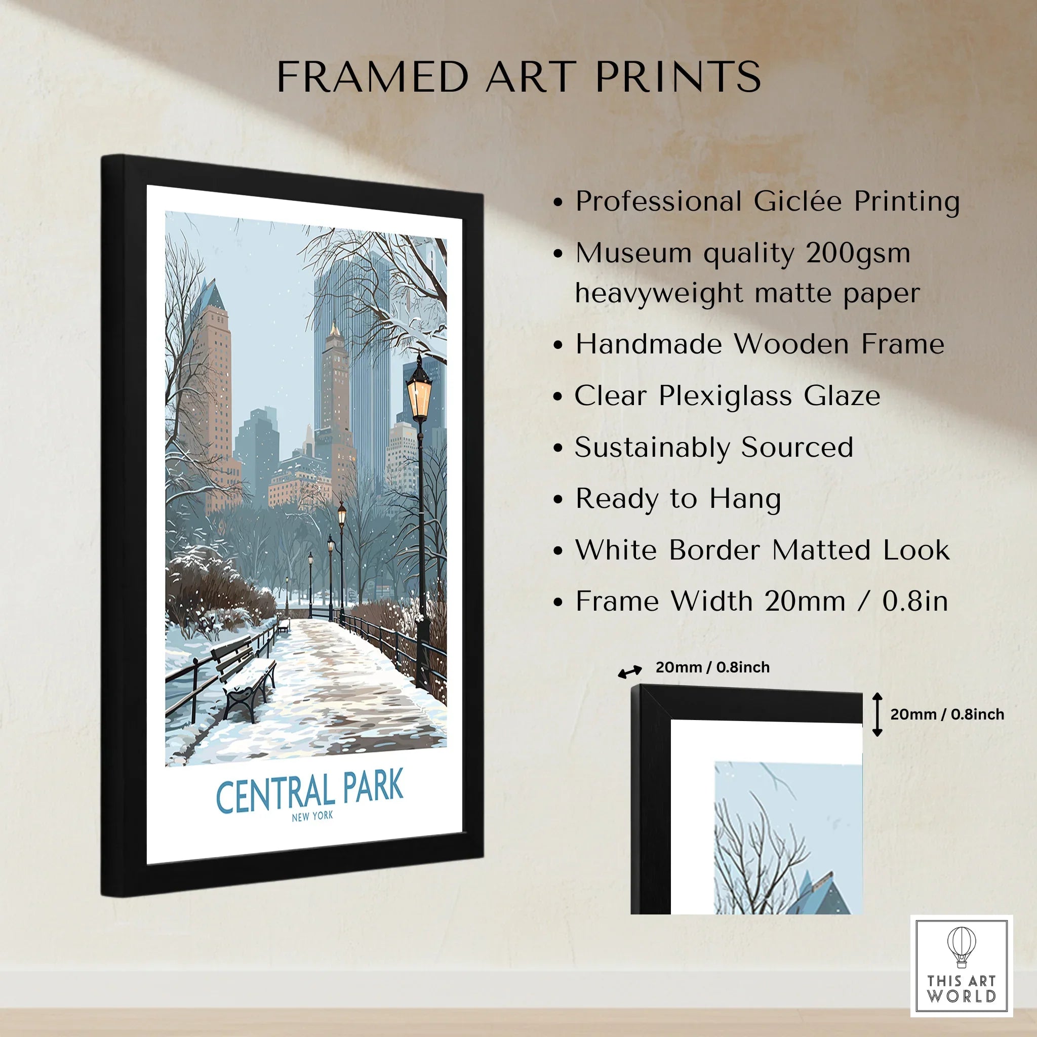 Framed Central Park art print with snowy landscape, city skyline, and print quality features.