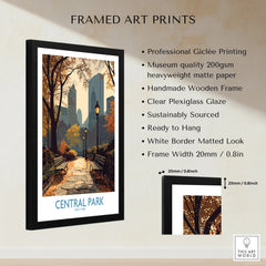 Framed Central Park art print with city skyline, wooden frame, and product details