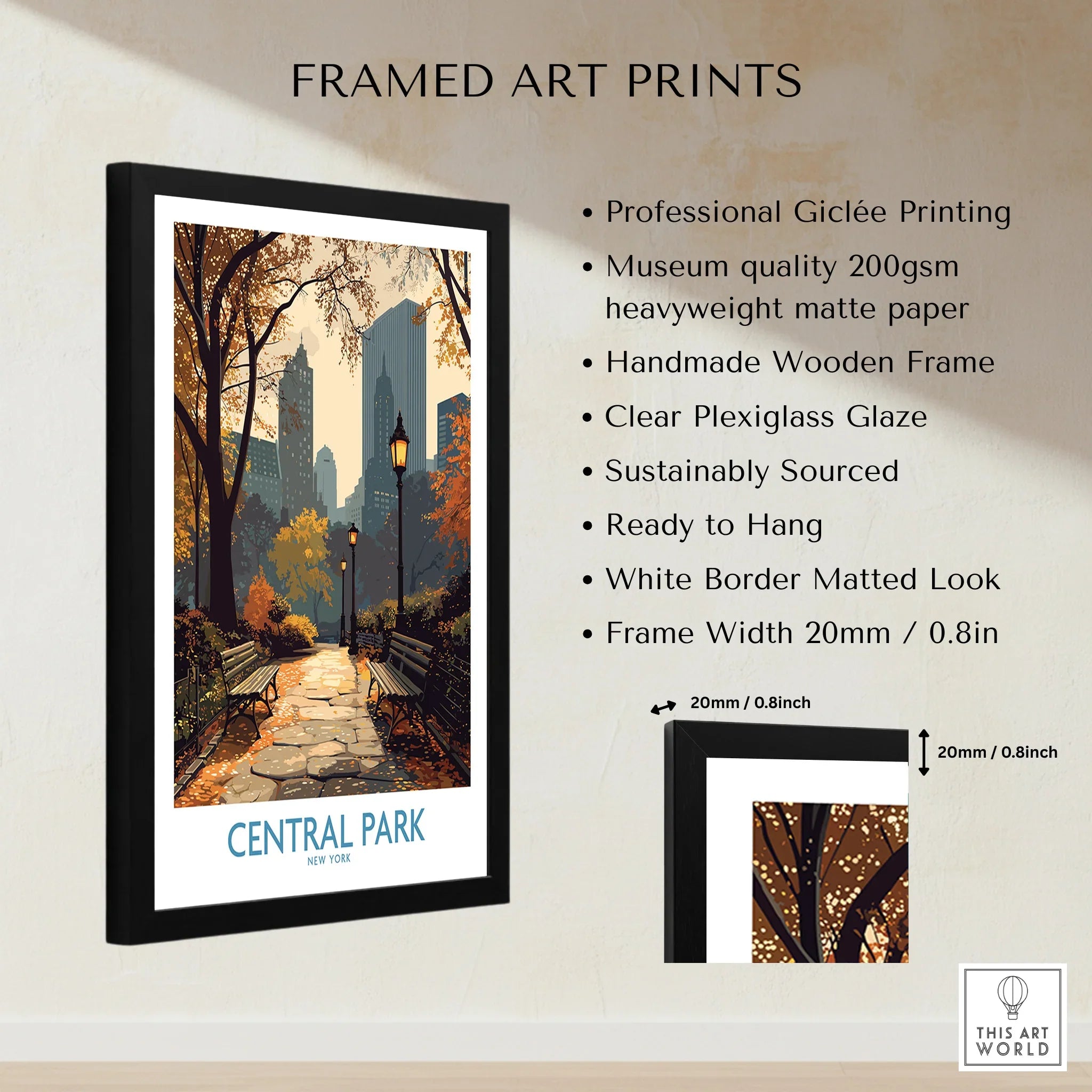 Framed Central Park art print with city skyline, wooden frame, and product details