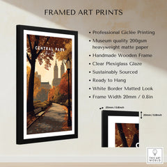 Framed Central Park art print with autumn trees, city skyline, and detailed product features.