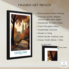 Framed Central Park art print with autumn trees, skyline, and print quality details list.