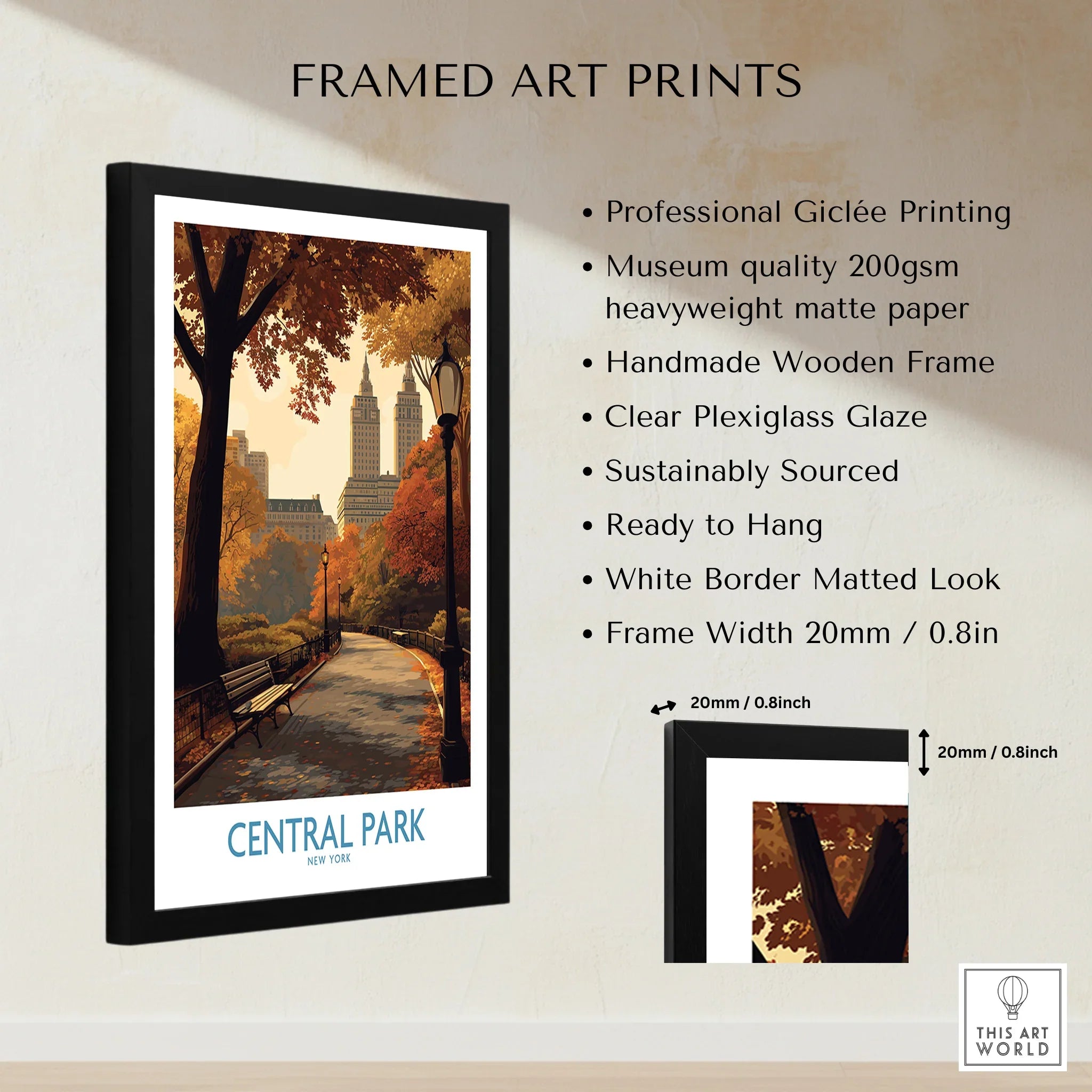 Framed Central Park art print with autumn trees, skyline, and print quality details list.