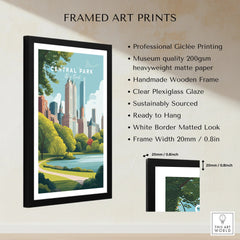 Framed Central Park wall art print with city skyline, wooden frame, and detailed product features.
