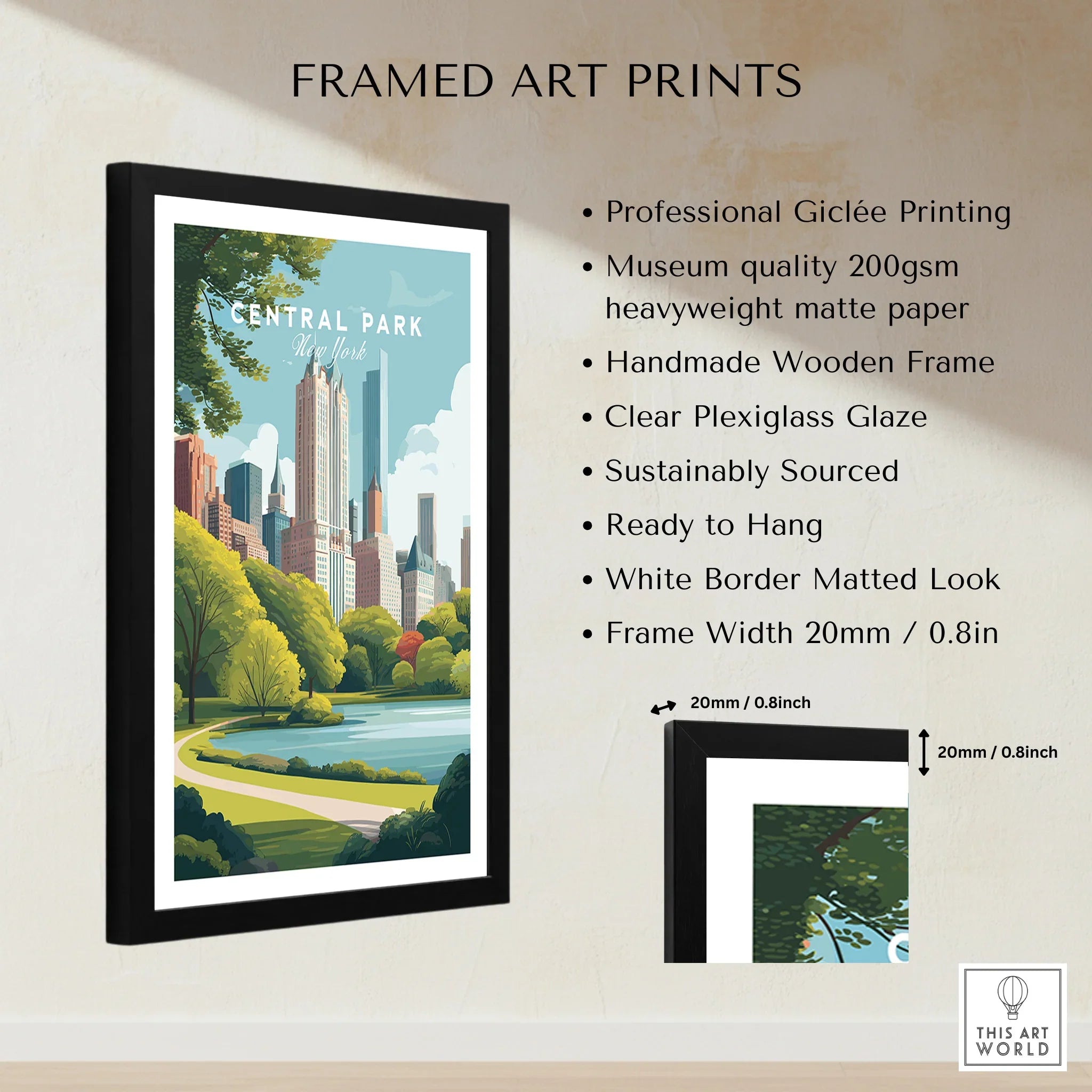 Framed Central Park wall art print with city skyline, wooden frame, and detailed product features.