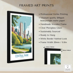 Framed Central Park New York print with skyline, park illustration, and black wooden frame