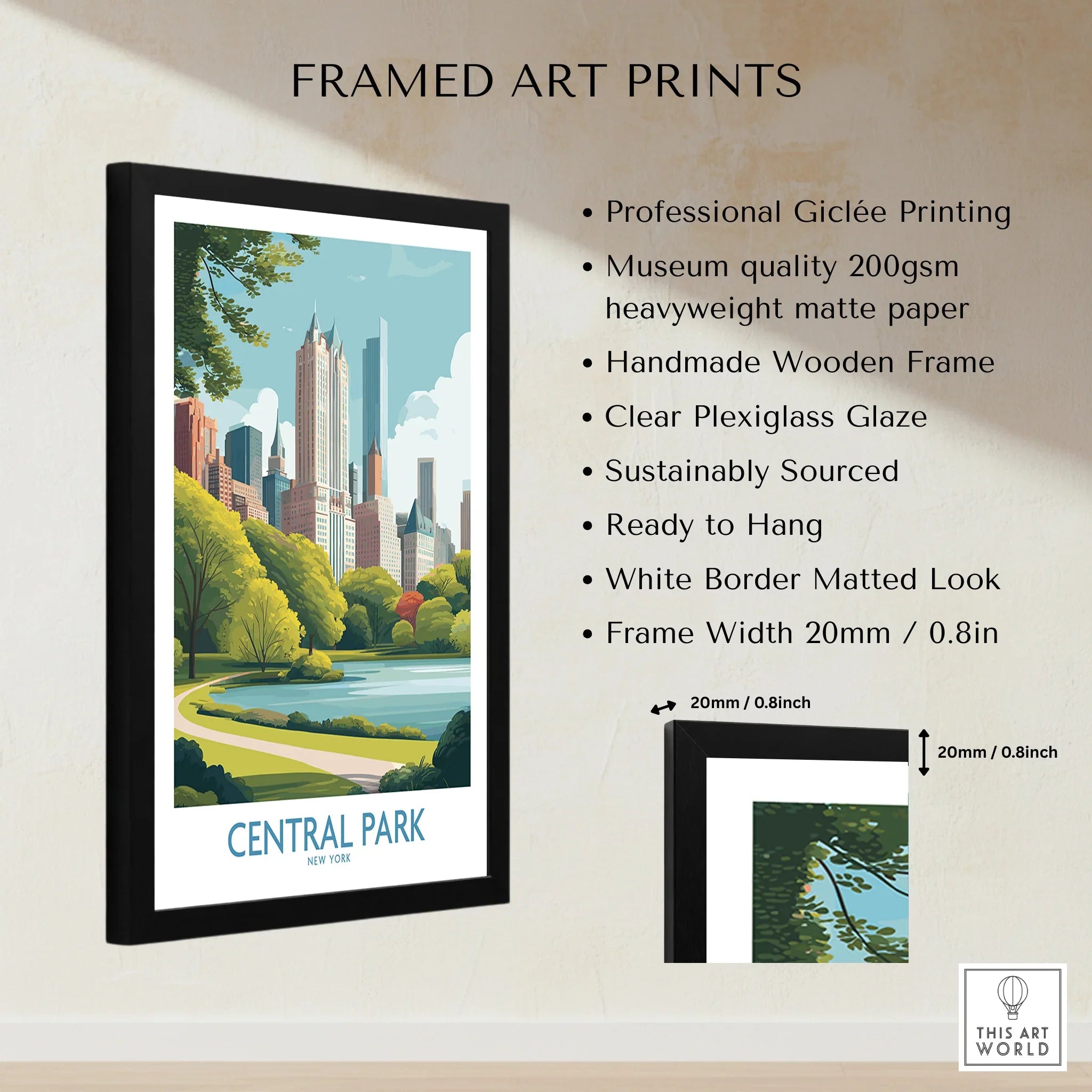 Framed Central Park New York print with skyline, park illustration, and black wooden frame