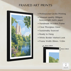 Framed Central Park New York art print with handmade wooden frame and white matted border