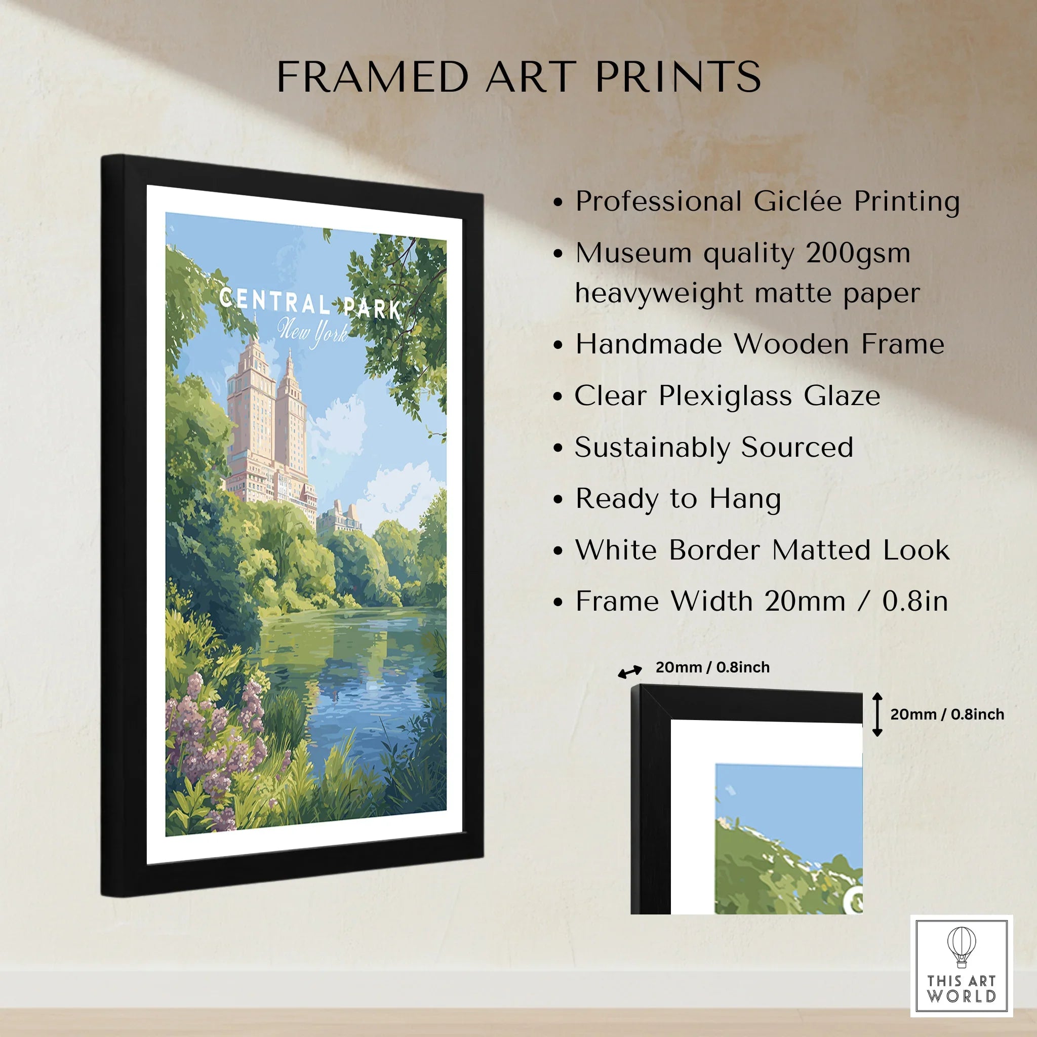 Framed Central Park New York art print with handmade wooden frame and white matted border