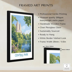 Framed Central Park art print with skyline, handmade wood frame, museum quality display