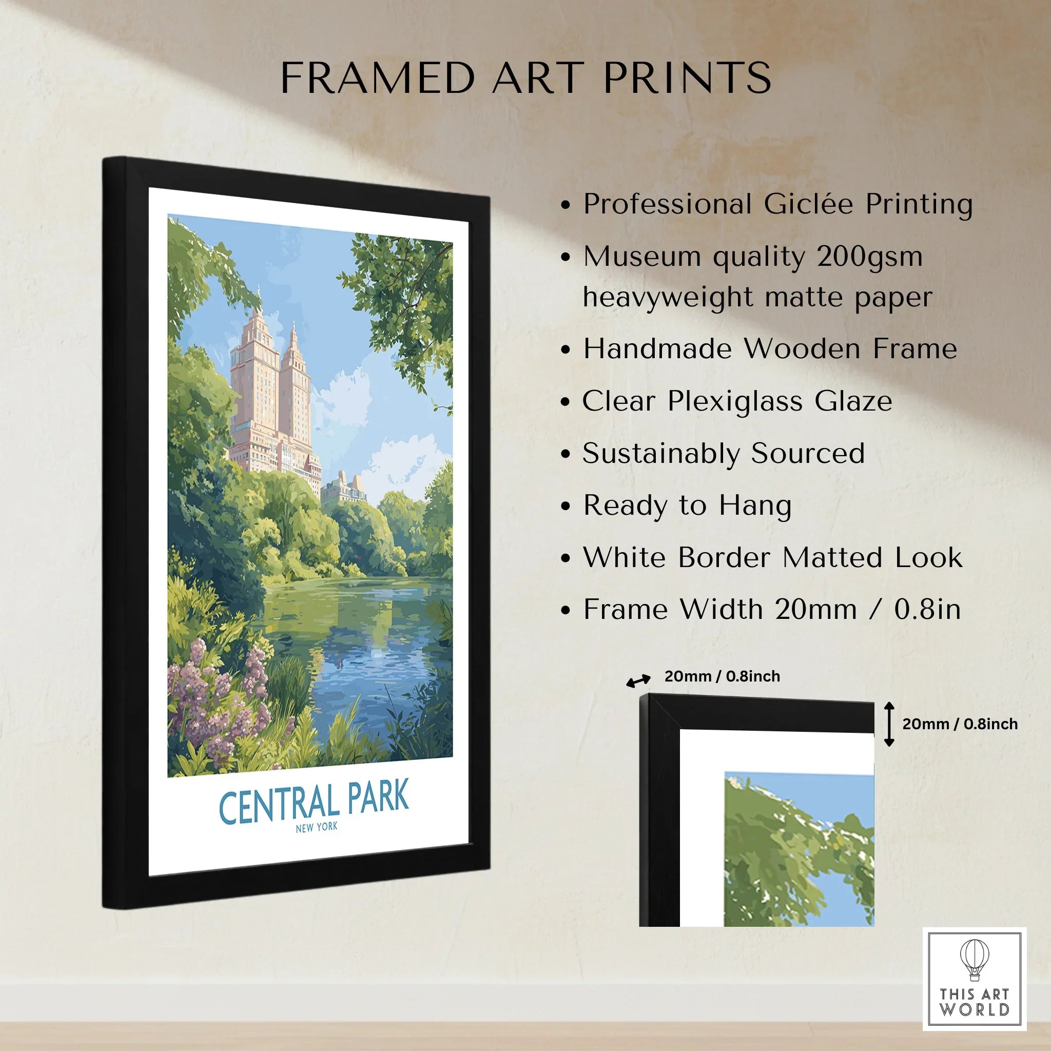 Framed Central Park art print with skyline, handmade wood frame, museum quality display