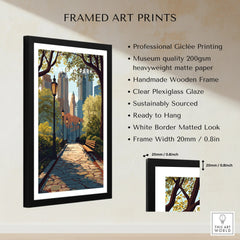 Framed Central Park art print with city skyline, wooden frame, and product details