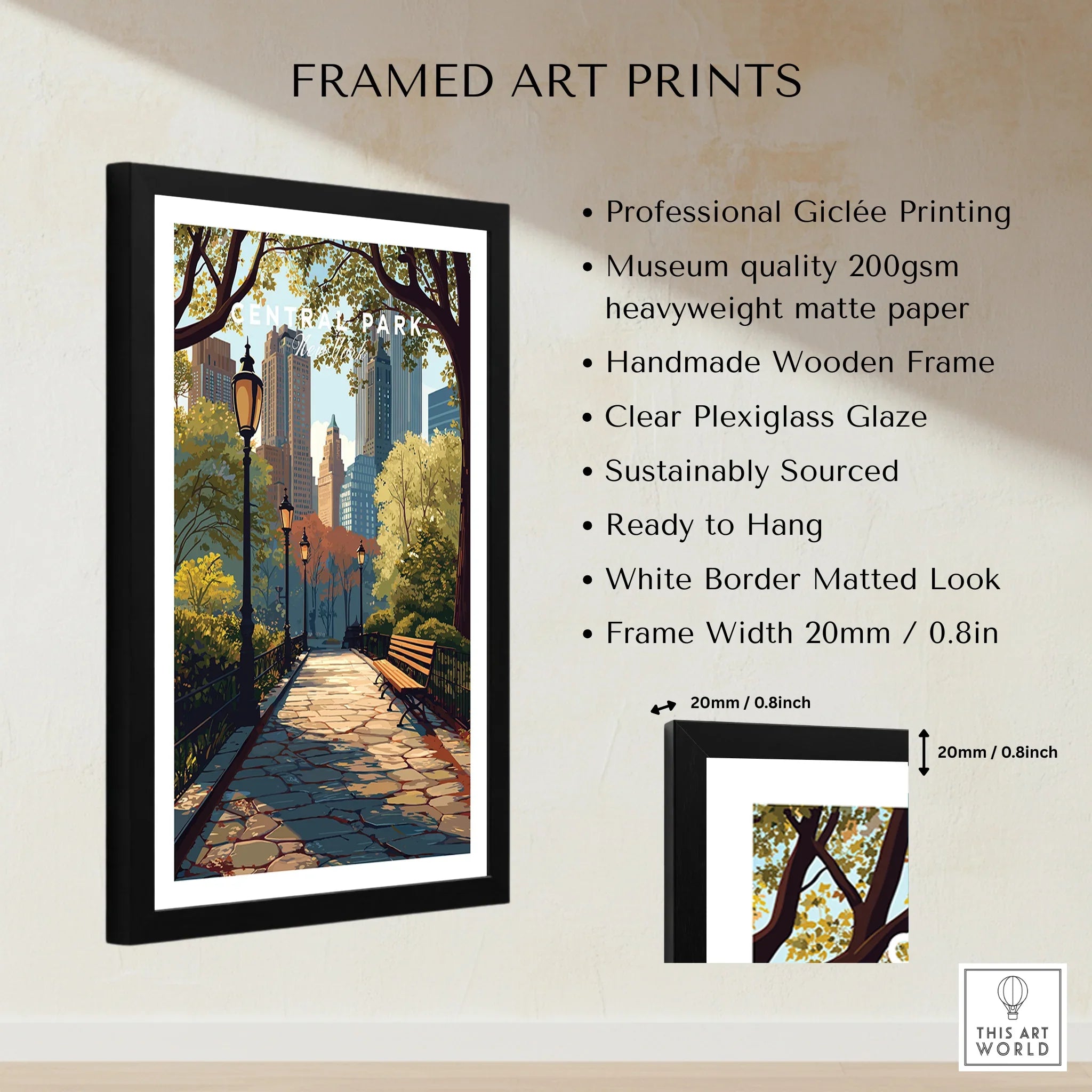 Framed Central Park art print with city skyline, wooden frame, and product details