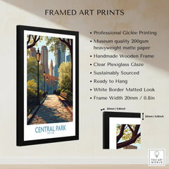 Framed Central Park art print with skyline, matt black wooden frame, and product details list