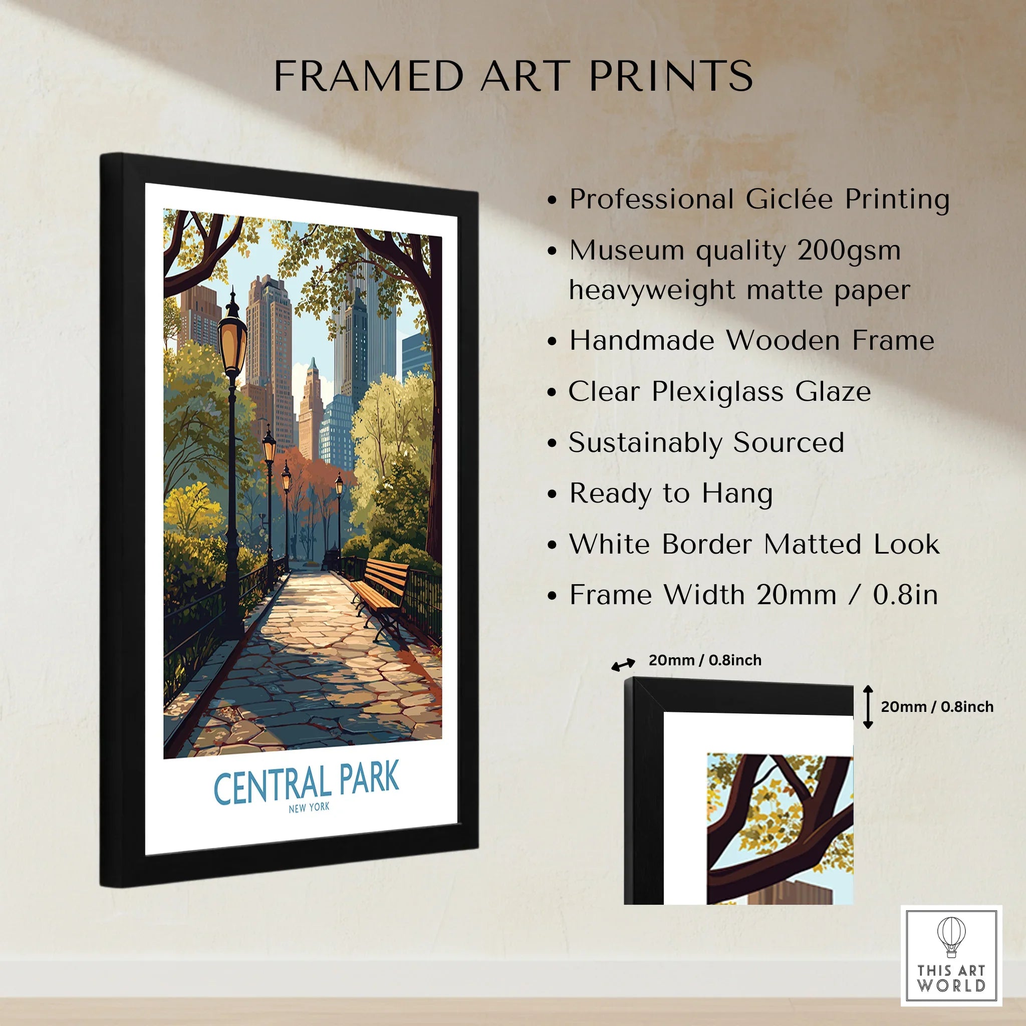 Framed Central Park art print with skyline, matt black wooden frame, and product details list