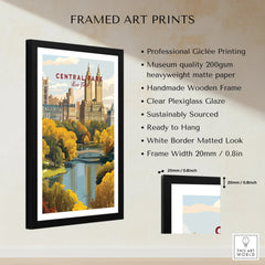 Framed Central Park New York art print with city skyline, black frame, and product details
