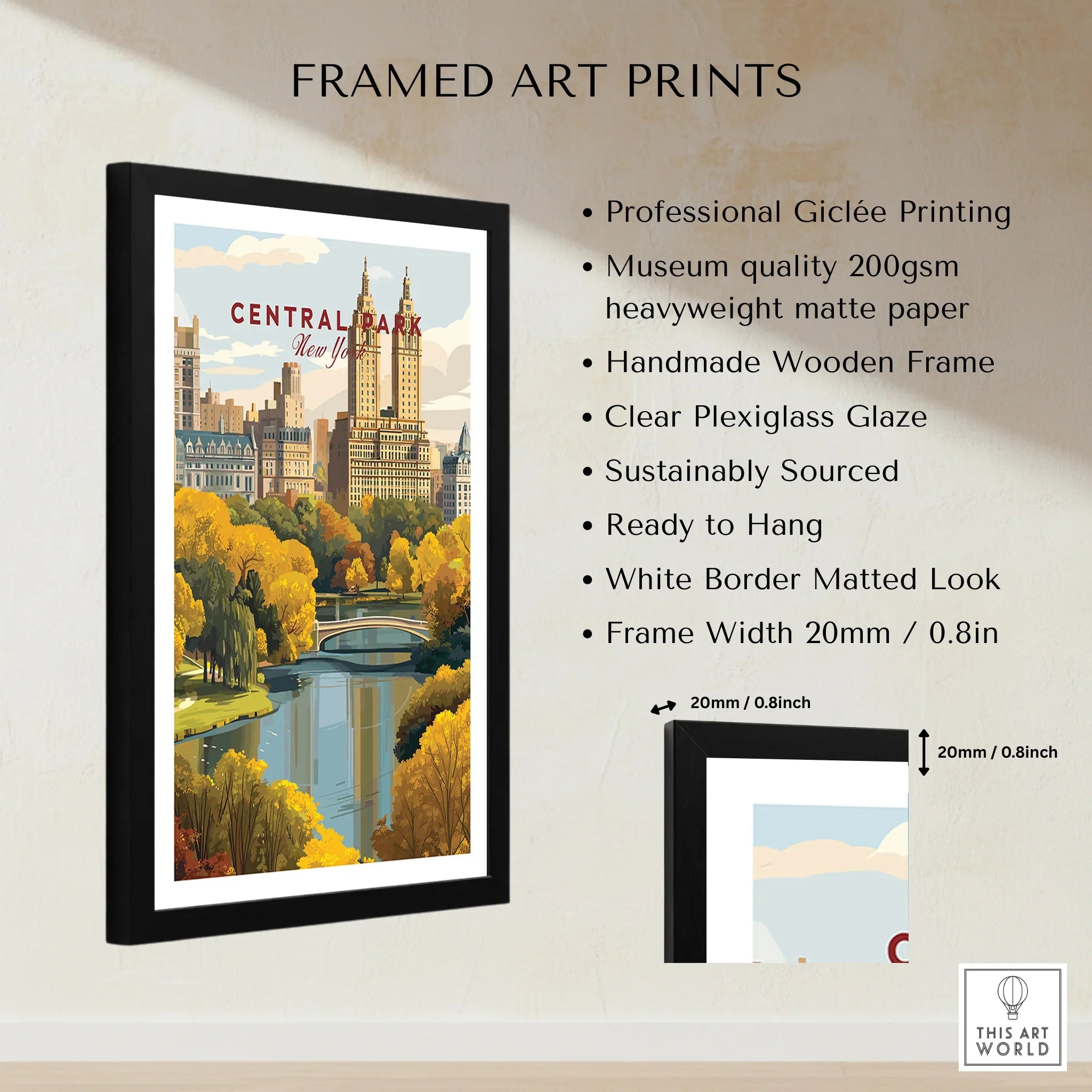 Framed Central Park New York art print with city skyline, black frame, and product details