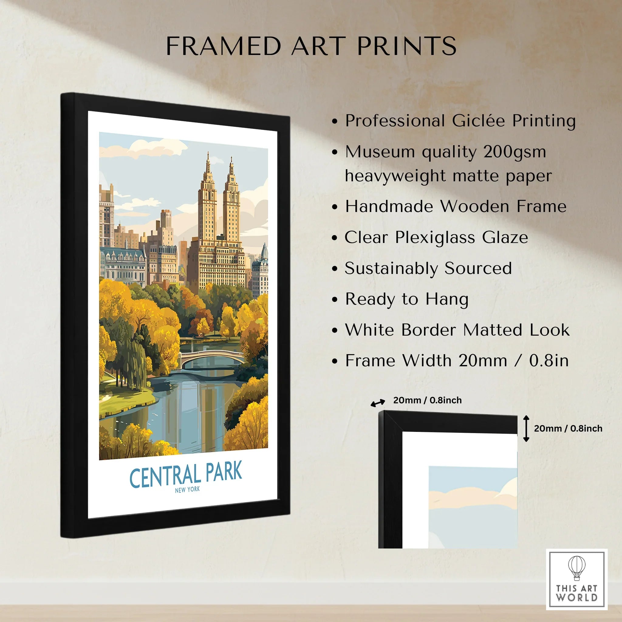 Framed Central Park print with city skyline, black wooden frame, size and quality details shown.