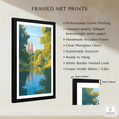 Framed Central Park art print with black wooden frame, white mat, artwork details listed