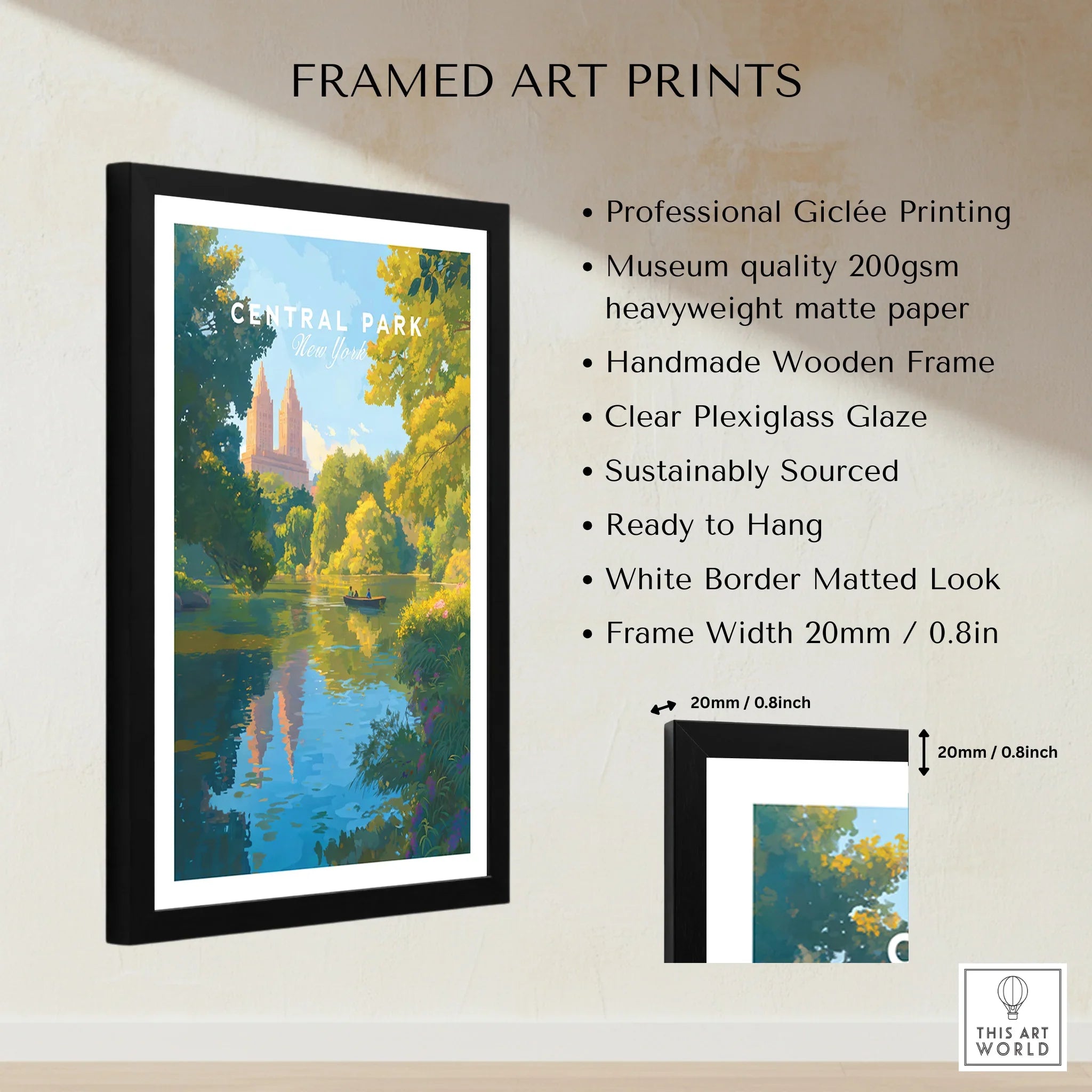 Framed Central Park art print with black wooden frame, white mat, artwork details listed