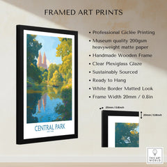 Framed Central Park art print with lake, trees, and architectural skyline, matte paper, wooden frame.