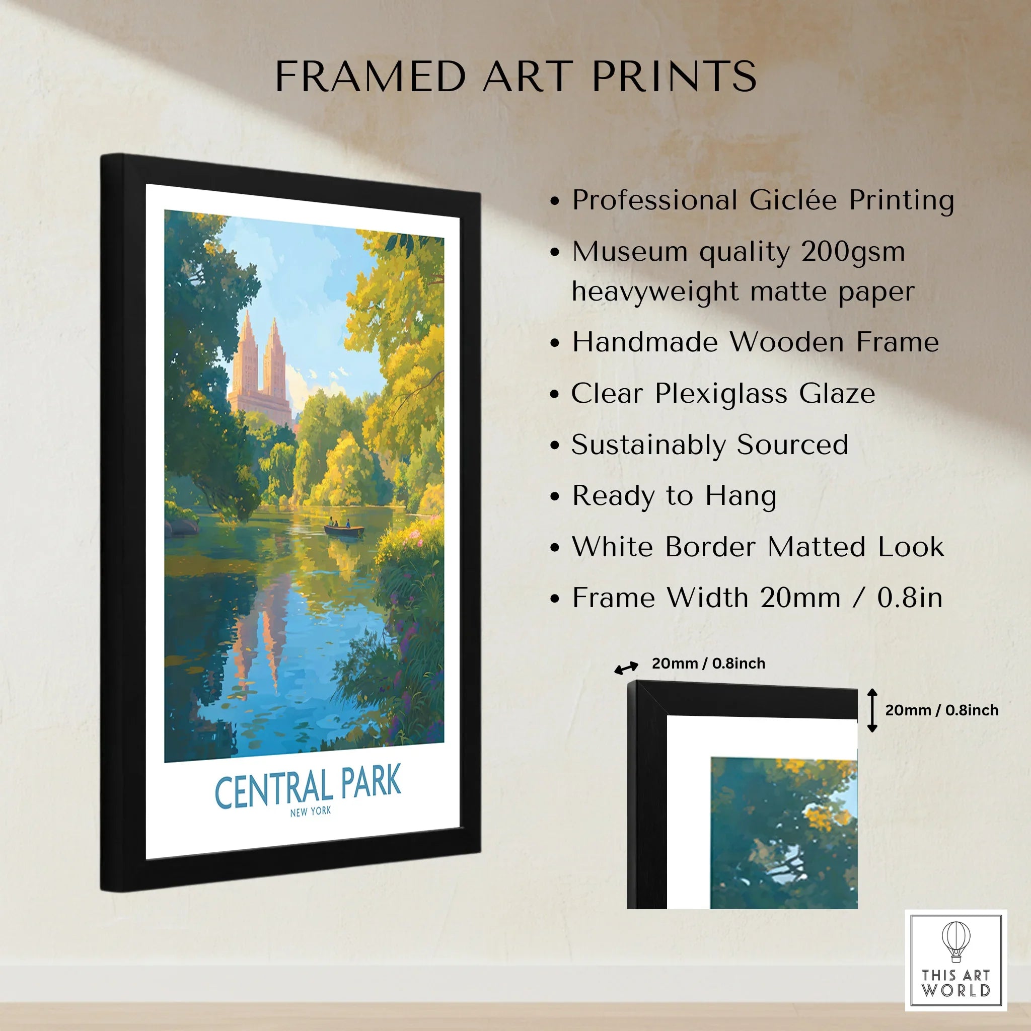 Framed Central Park art print with lake, trees, and architectural skyline, matte paper, wooden frame.