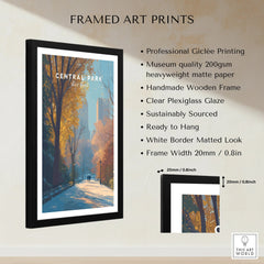 Framed Central Park New York art print with autumn trees, quality and size details shown.