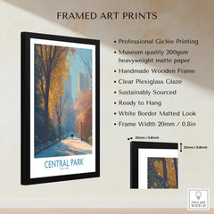 Framed Central Park art print with autumn trees, modern black frame, and product details.