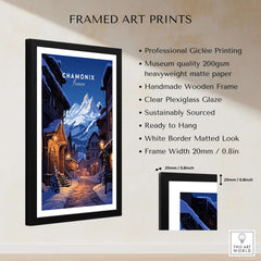 Chamonix Poster framed art print featuring a snowy mountain landscape and moonlit village scene.