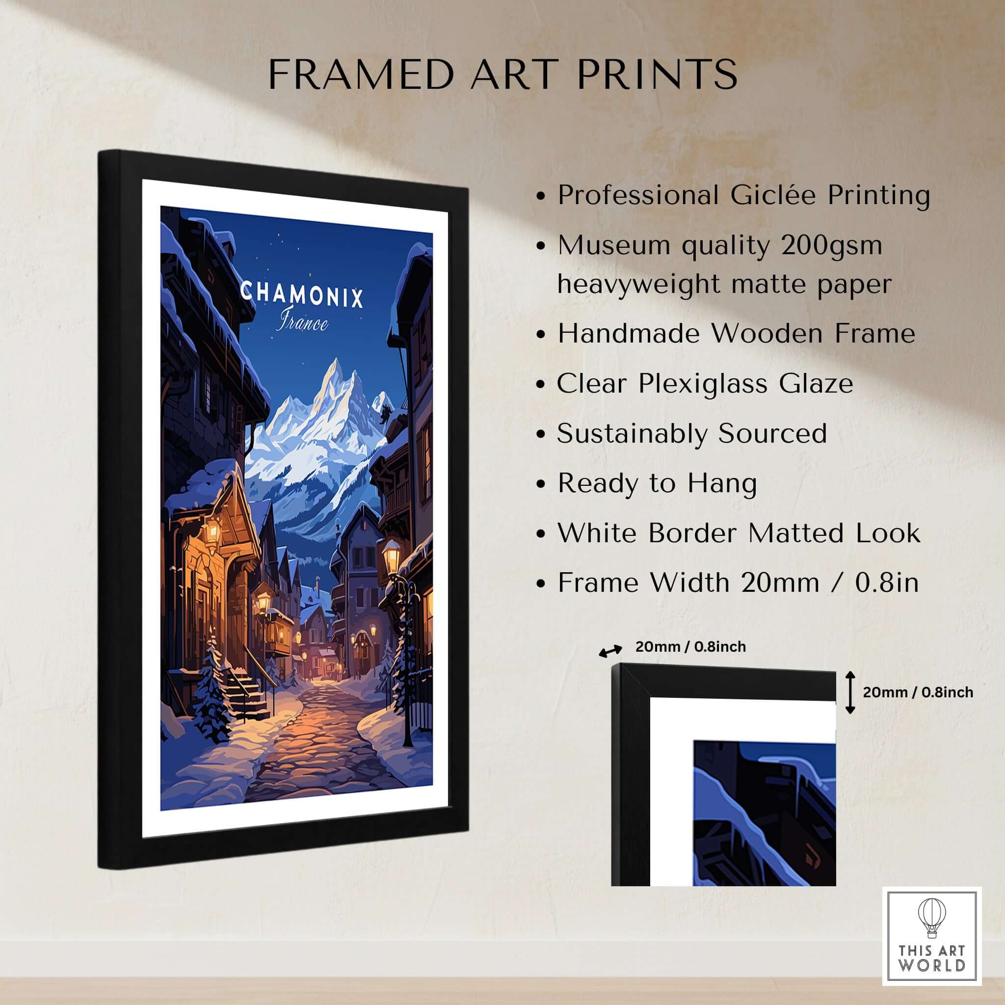 Chamonix Poster framed art print featuring a snowy mountain landscape and moonlit village scene.
